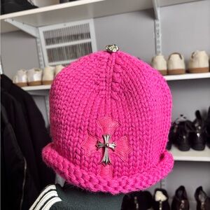 Chrome Hearts Pink Cashmere Beanie - Leather Cross Patch - Sterling Silver Cross